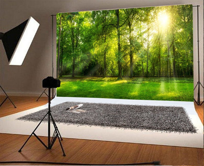 Leowefowa 10x8ft Green Forest Backdrop 10x8ft Summer Tree Sunshine Rays Photography Background Green Grassland Nature Scenery Outdoor Photo Banner for Wedding Portrait Baby Shower Outdoor Party Decor - Image 2